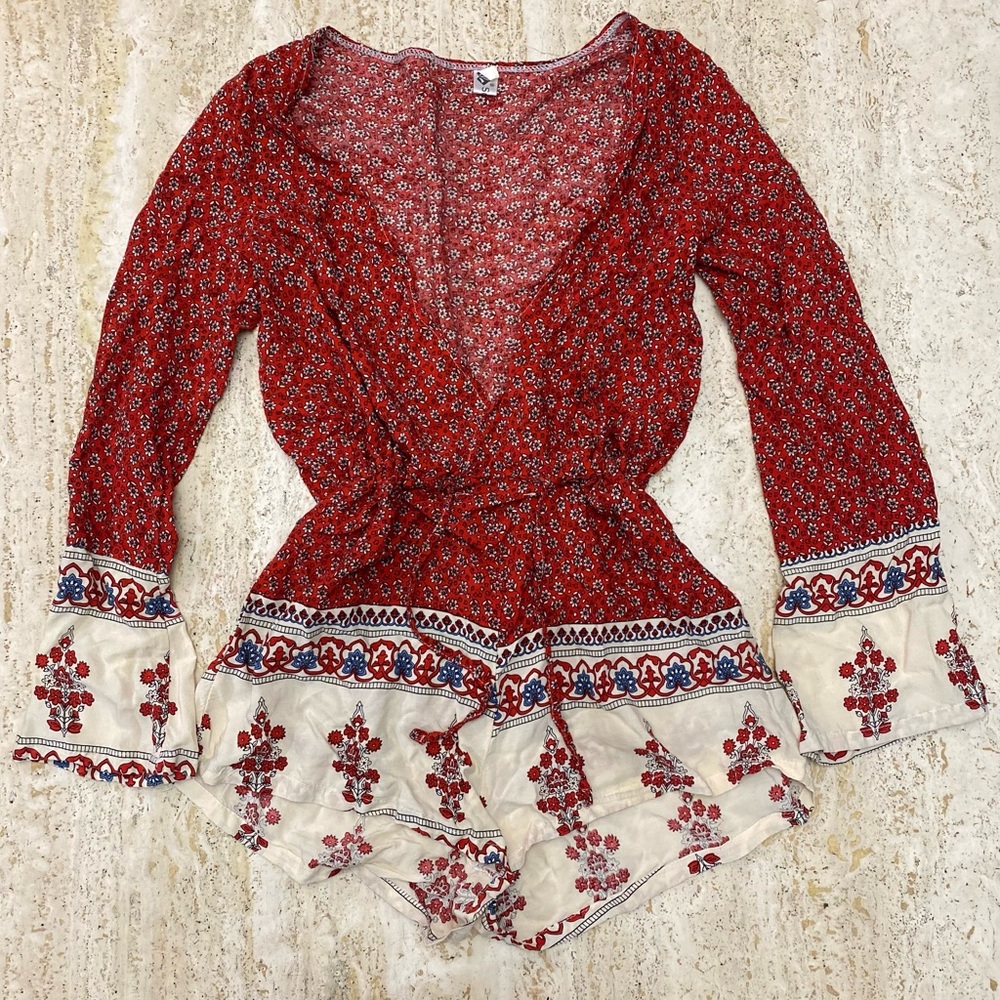 Boho romper unbranded fits like a XS-small red floral 100% rayon boho